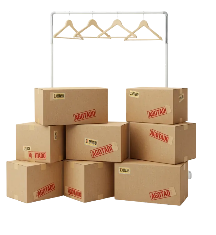 Cajas de producto selladas con el sello AGOTADO y un perchero vacío