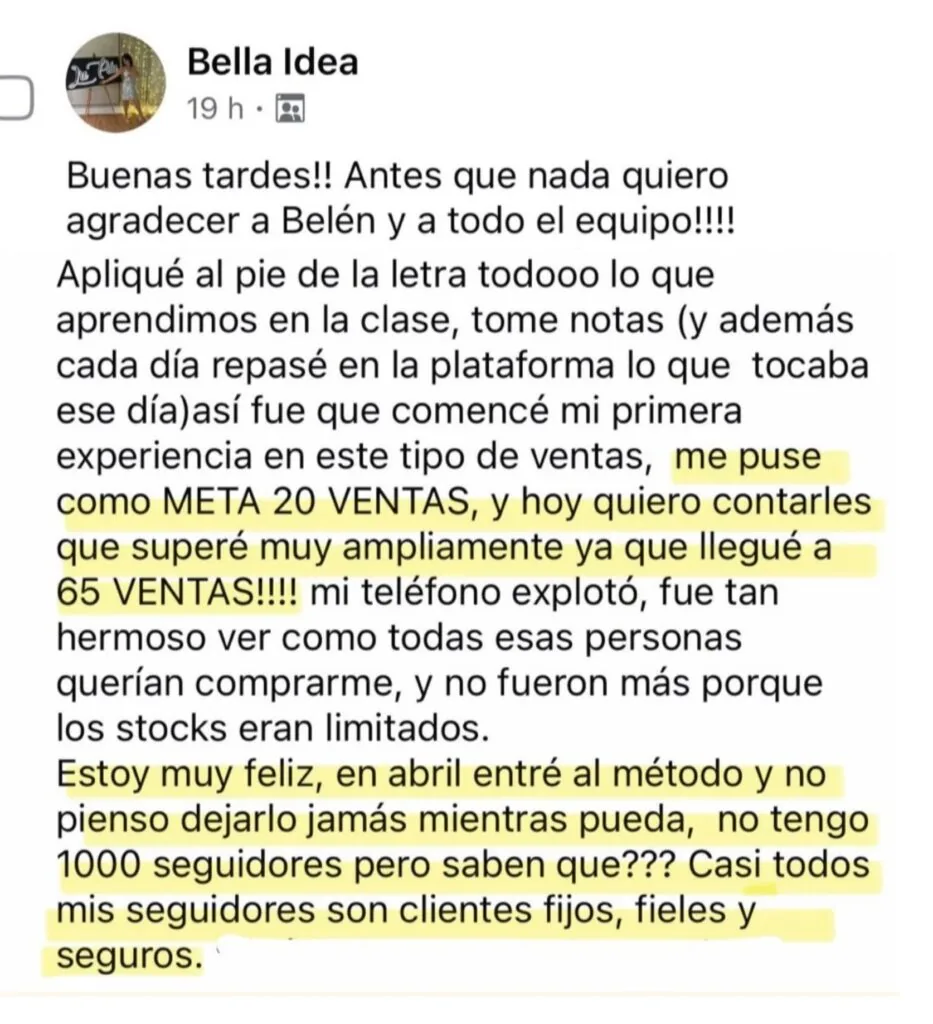 Publicación de Bella Idea: se puso como meta 20 ventas y llegó a 65 ventas