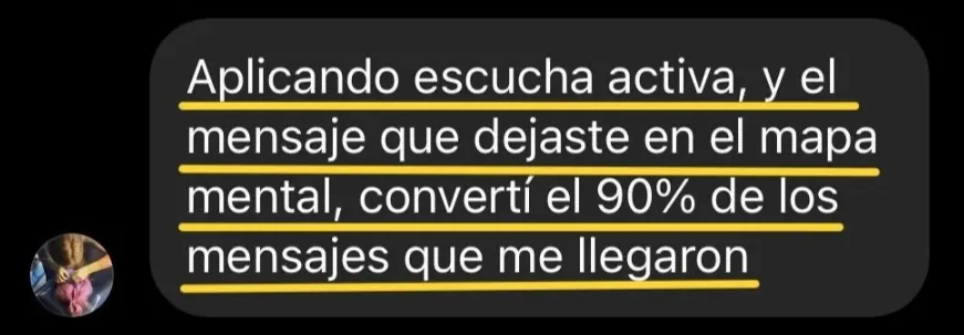 Mensaje de una alumna celebrando sus resultados de facturación